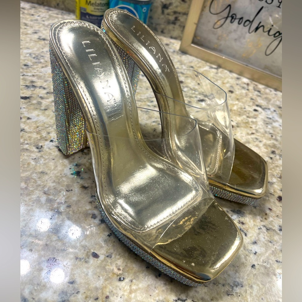 Gold rhinestone heels